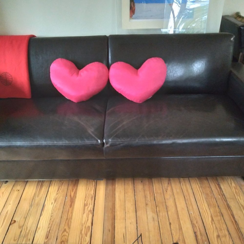 Pair of Lg Fuchsia Hot Pink Satin Heart Pillows 17" W x 12" L x 6" - Picture 2 of 5